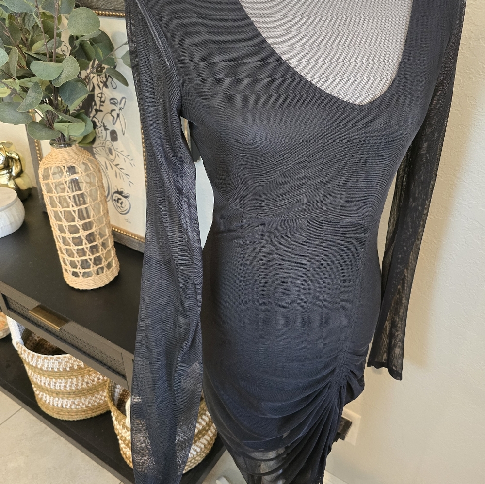 Bebe Women's Black Long Sleeve Mesh Ruched Bodycon Dress M - Picture 4 of 9